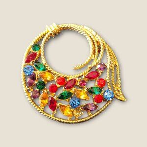 Vintage Multicolored  Rhinestone Circle Brooch